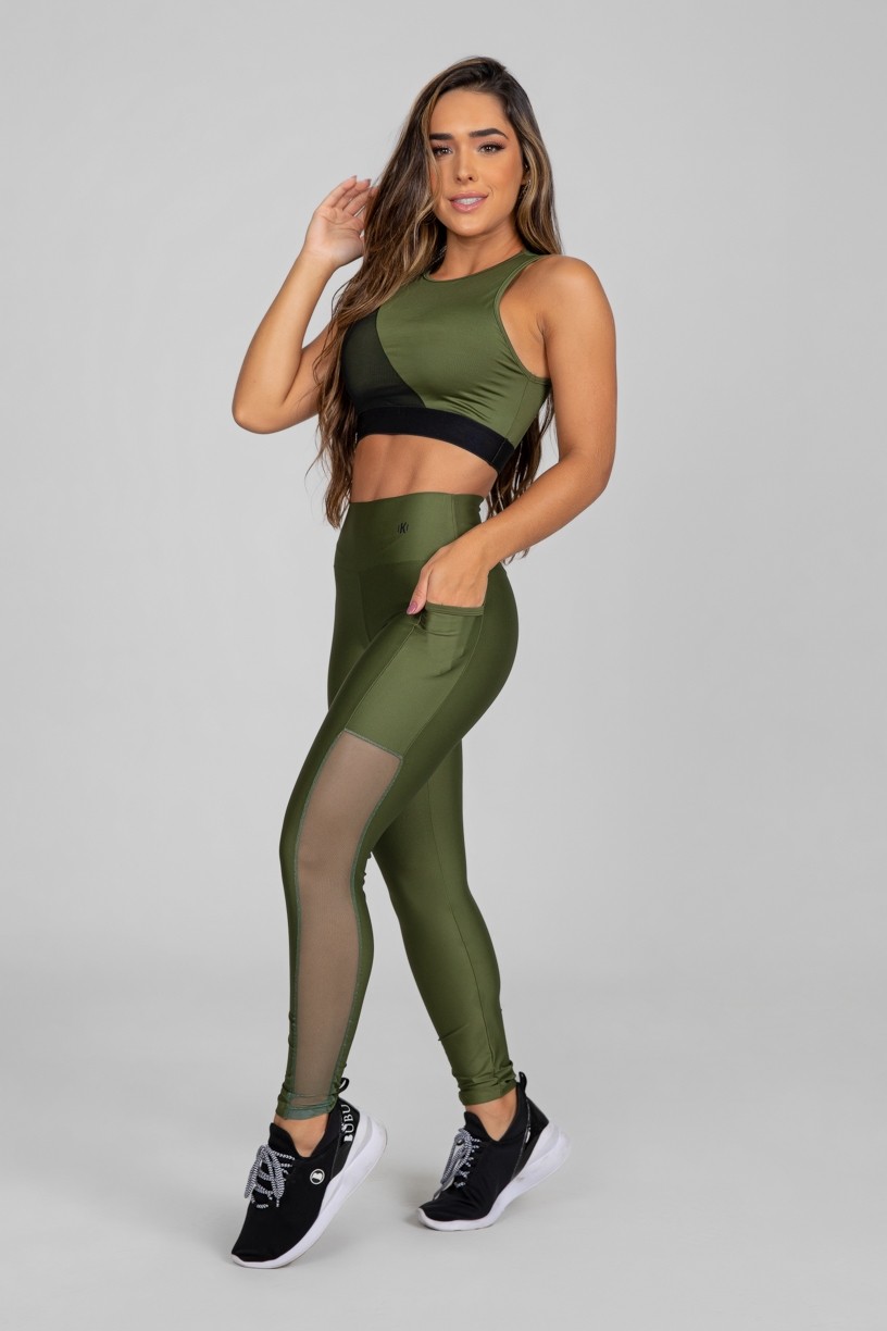 Calça Legging com Bolso e Faixa de Tule (Verde Militar) | Ref: K2873-E