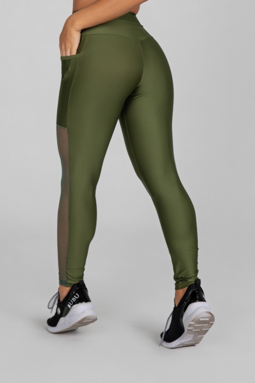 Calça Legging com Bolso e Faixa de Tule (Verde Militar) | Ref: K2873-E