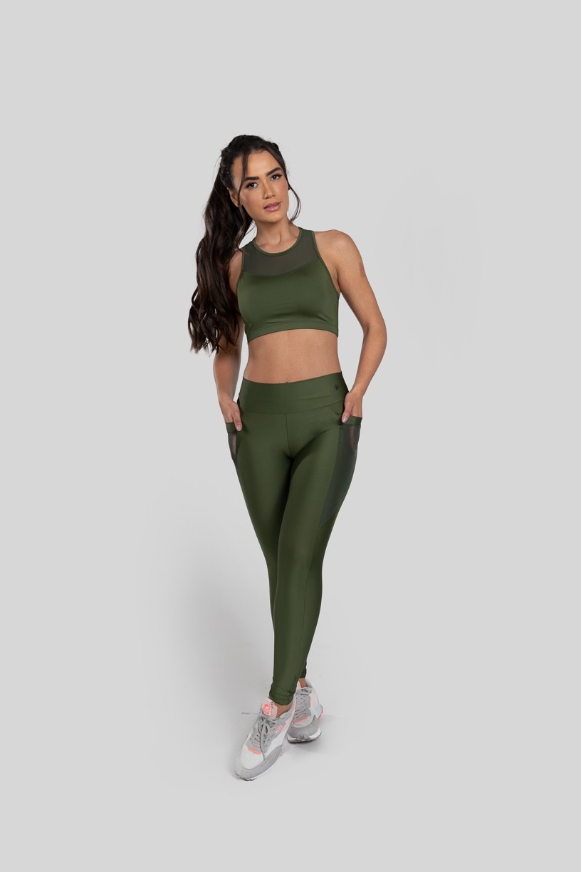 Calça Legging com Bolso em Tule (Verde Militar)  Ref K2871-E