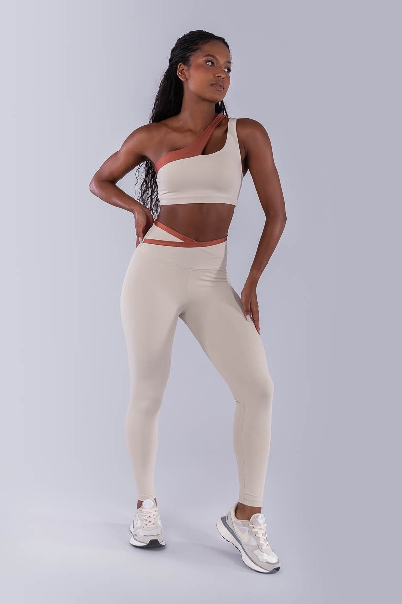 Calça Legging com Cós Transpassado e Vira (Bege / Cobre) | Ref: K4496-A