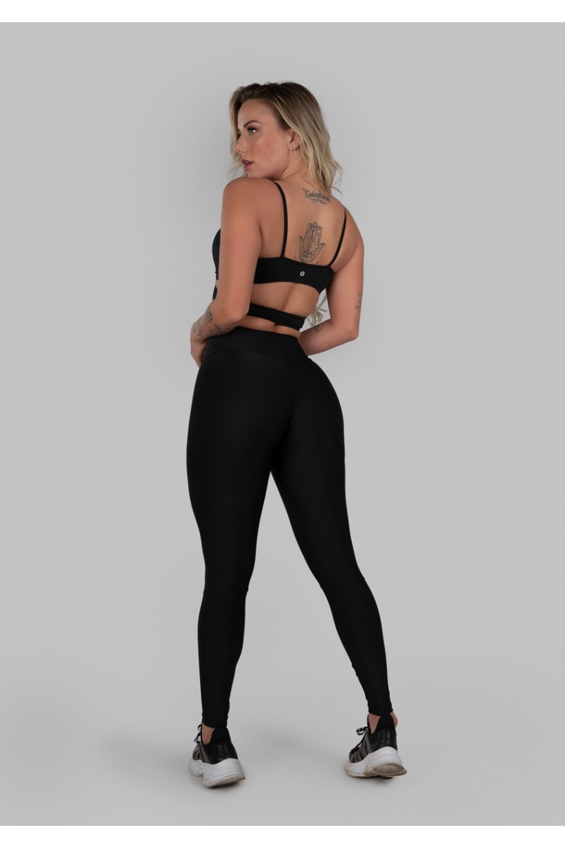 Calça Legging com Cadarço Metálico e Vivo (Preto / Ouro) | Ref: K2986-B