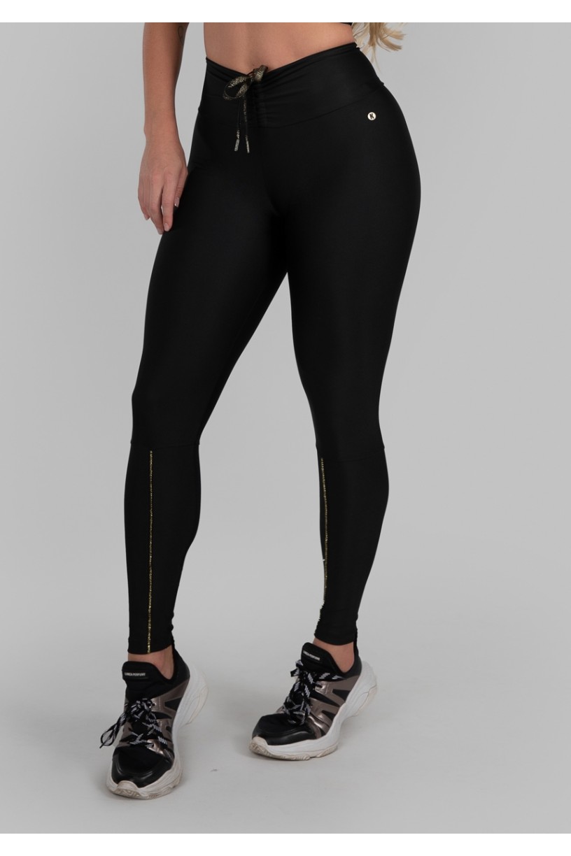 Calça Legging com Cadarço Metálico e Vivo (Preto / Ouro) | Ref: K2986-B