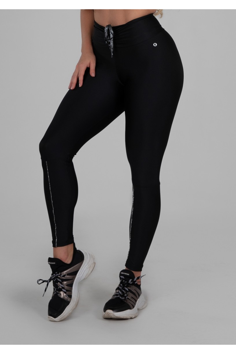 Calça Legging com Cadarço Metálico e Vivo (Preto / Prata) | Ref: K2986-A 