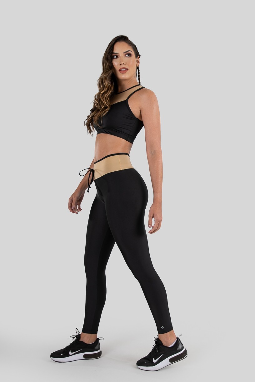 Calça Legging com Cadarço (Preto / Bege) | Ref: K3218-A