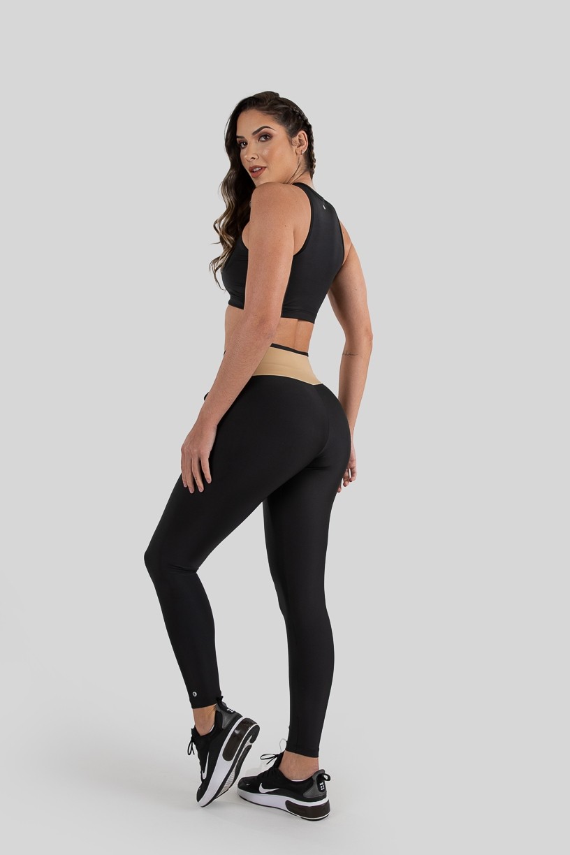 Calça Legging com Cadarço (Preto / Bege) | Ref: K3218-A