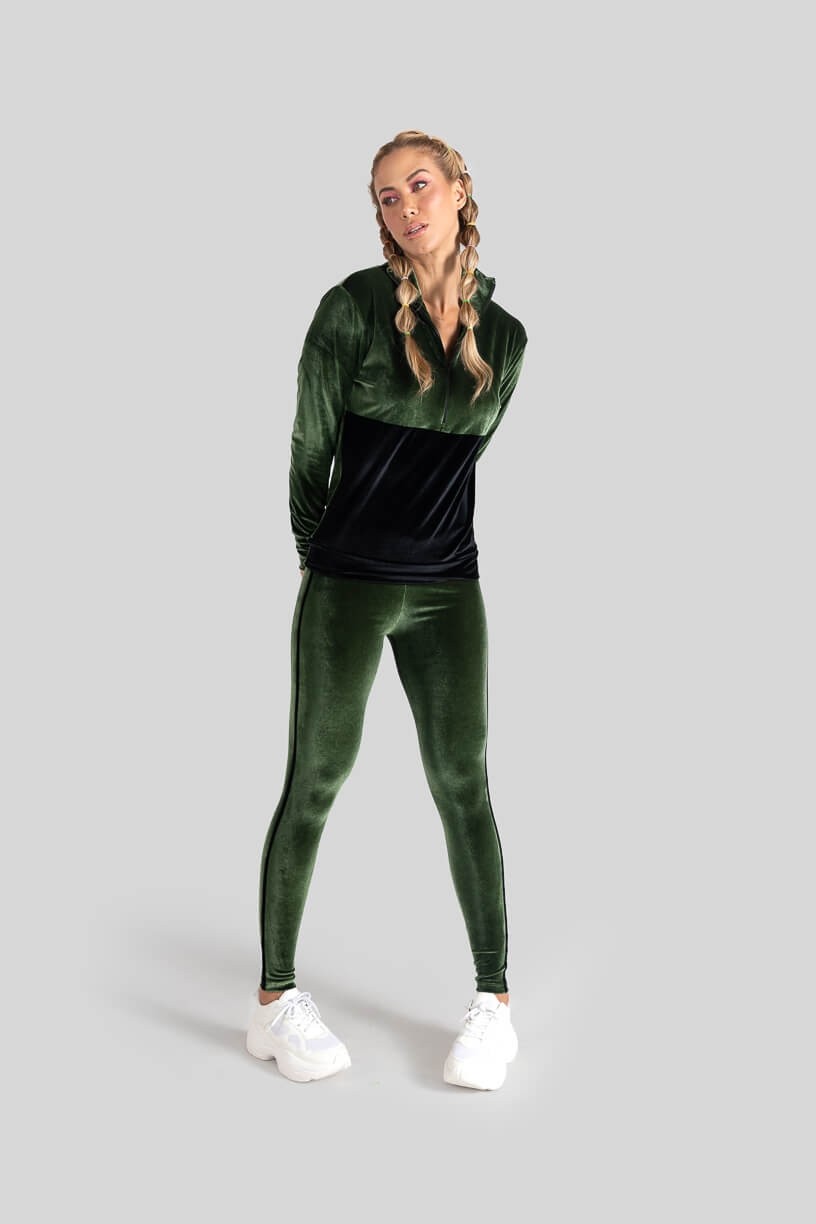 Calça Legging com Chapado Bicolor Veludo (Verde Militar / Preto) | Ref: K3089-B