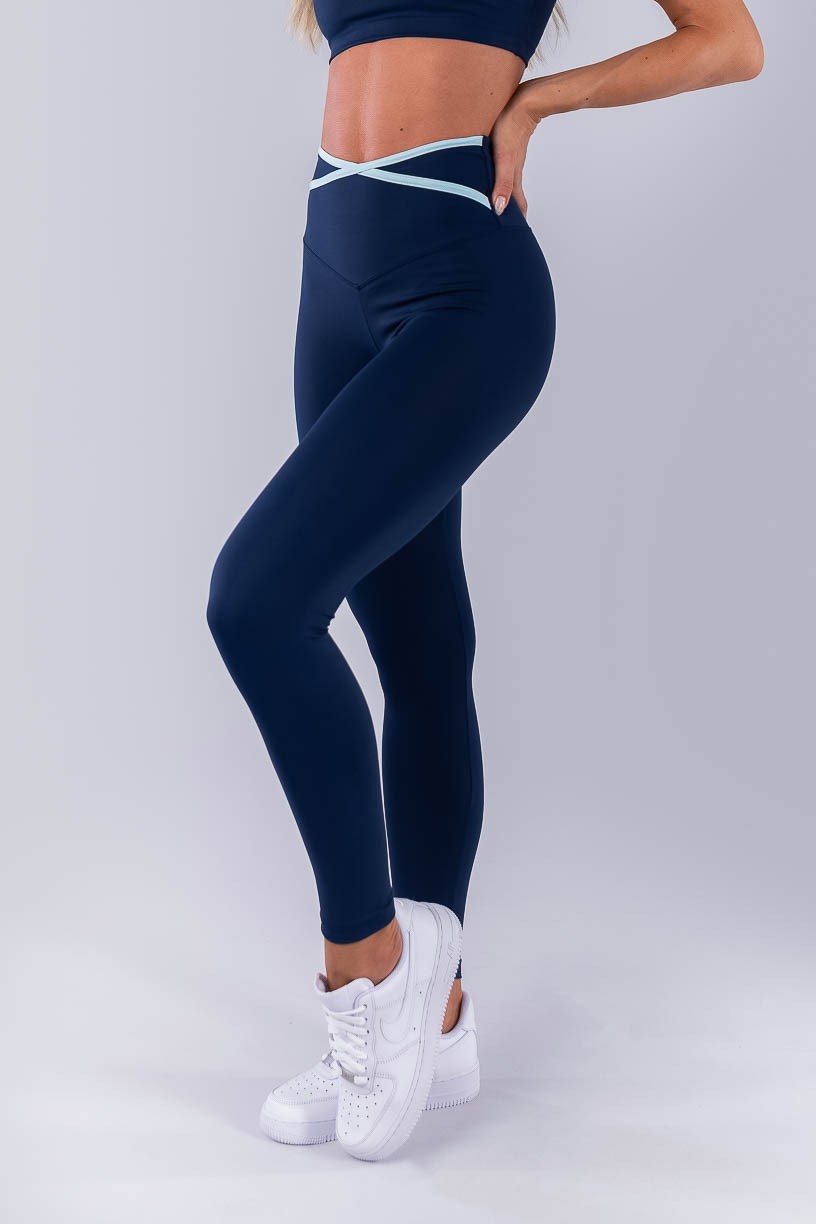 Calça Legging com Chapado Cruzado Contrastante (Azul Marinho / Azul Bebê) | Ref: K4482-A