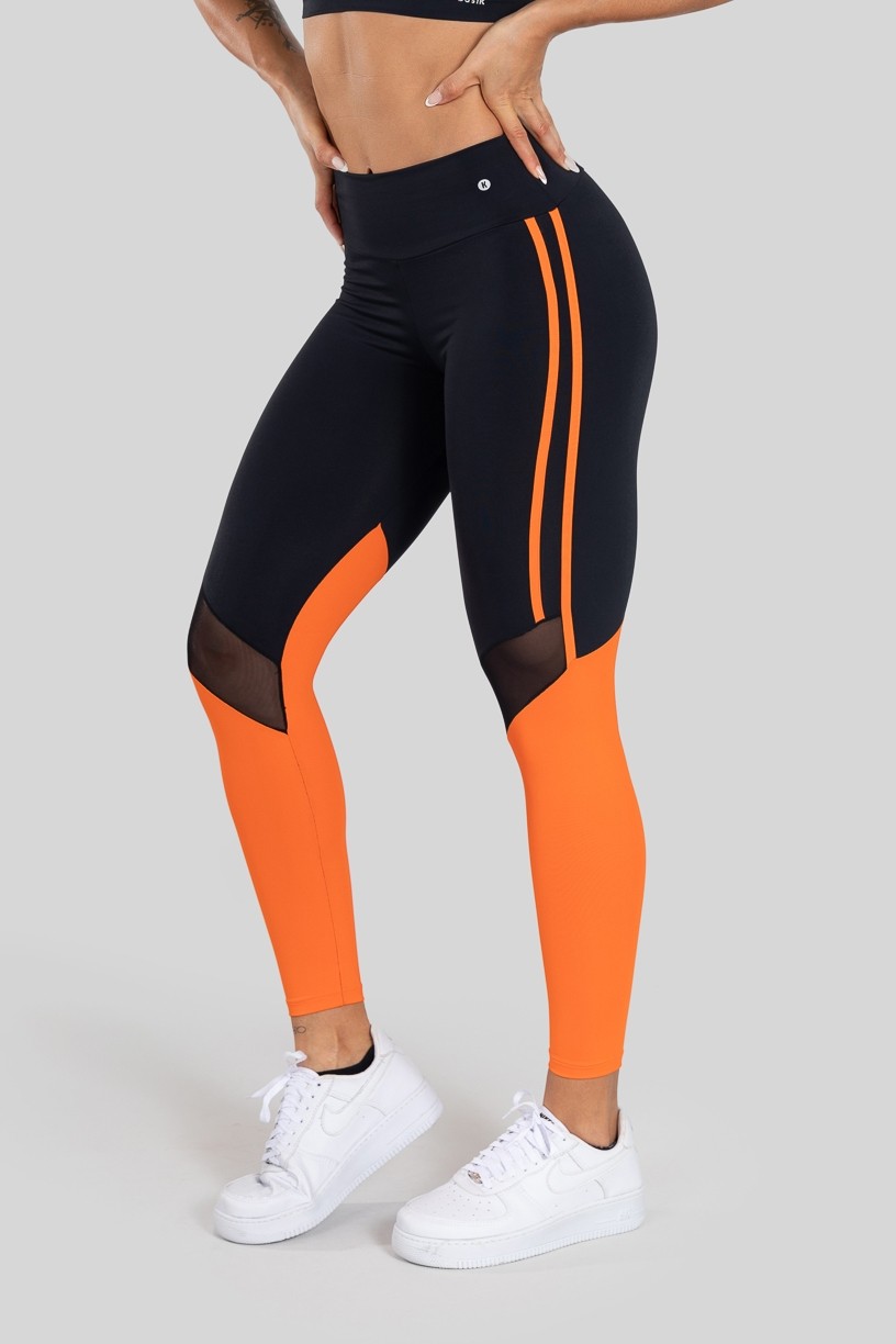 Calça Legging com Chapado e Recorte (Preto / Laranja) | Ref: K3133-B