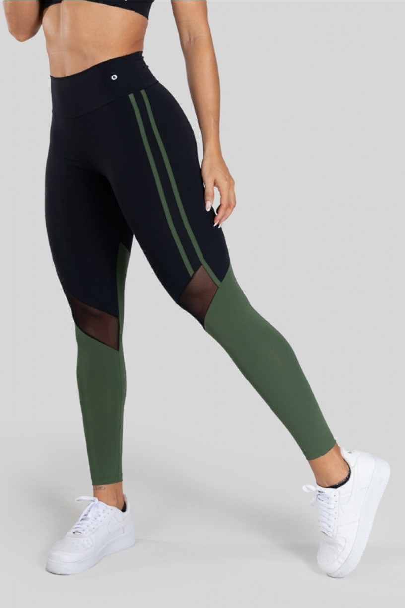 Calça Legging com Chapado e Recorte (Preto / Verde Militar) | Ref: K3133-D