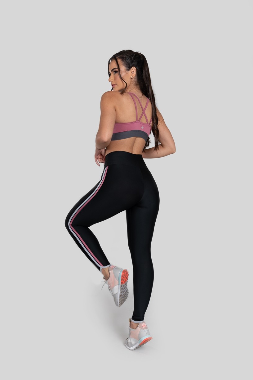 Calça Legging com Chapados na Lateral (Preto  Rosa  Gelo)  Ref K2877-A