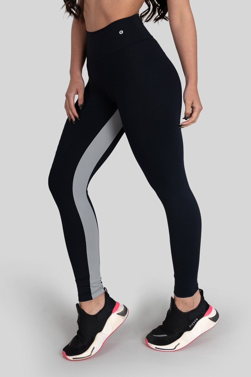 Calça Legging com Faixa Entrepernas (Preto / Cinza) | Ref: K3162-B
