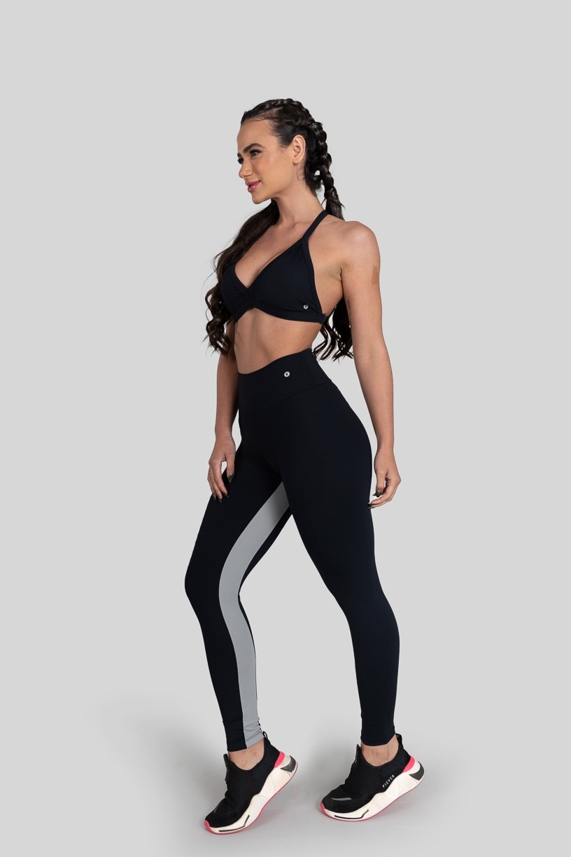 Calça Legging com Faixa Entrepernas (Preto / Cinza) | Ref: K3162-B
