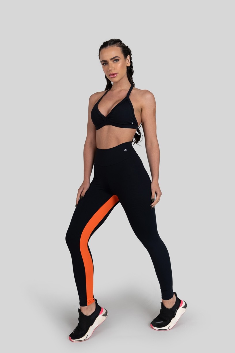 Calça Legging com Faixa Entrepernas (Preto / Laranja) | Ref: K3162-A