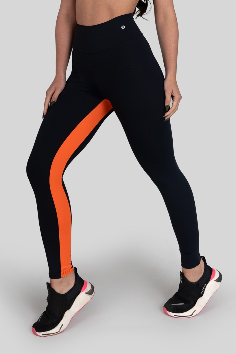 Calça Legging com Faixa Entrepernas (Preto / Laranja) | Ref: K3162-A