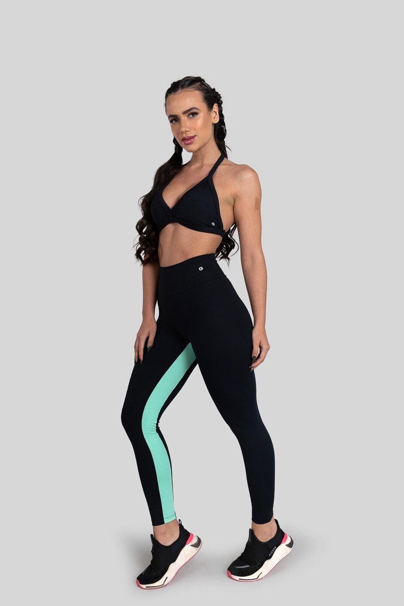 Calça Legging com Faixa Entrepernas (Preto / Verde Claro) | Ref: K3162-D