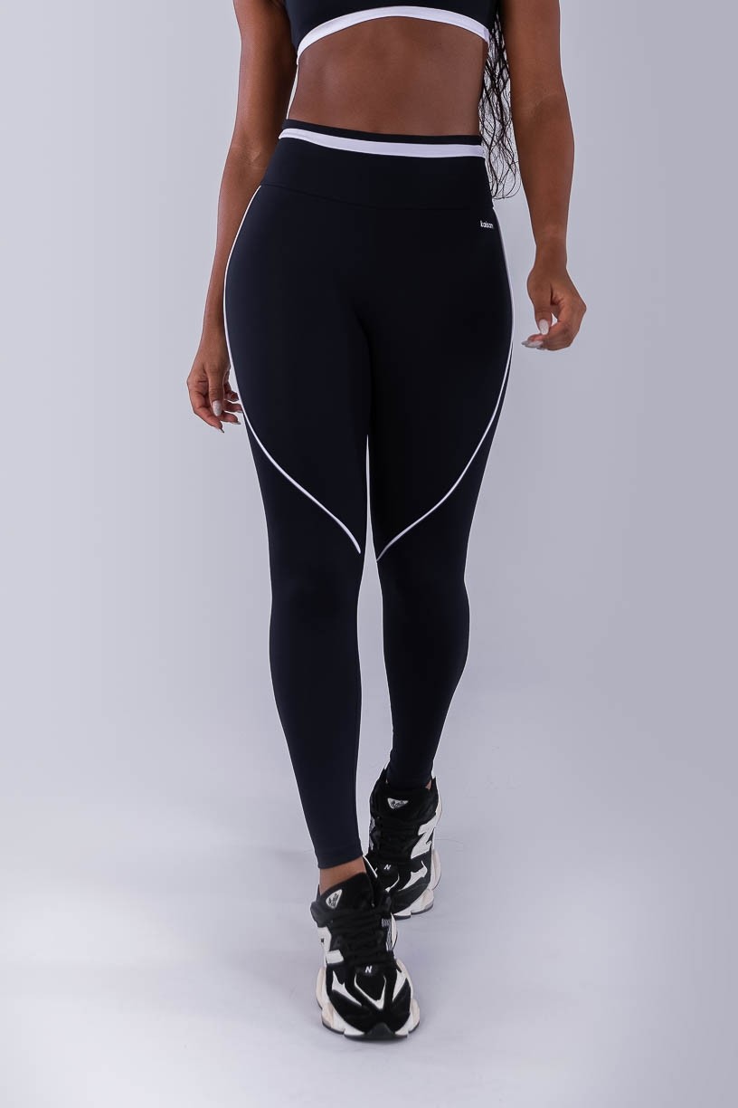 Calça Legging com Faixa N Cós e Vivo (Preto / Branco) | Ref: K4490-A