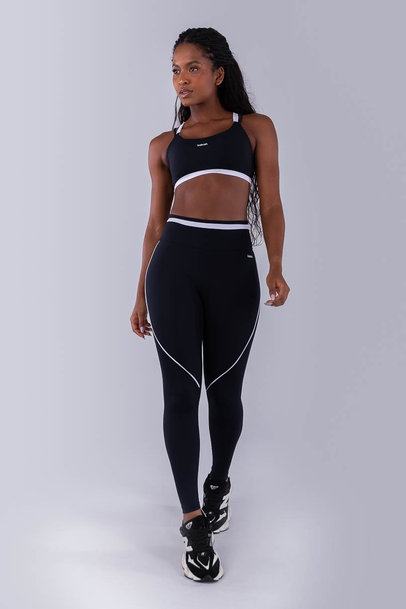 Calça Legging com Faixa N Cós e Vivo (Preto / Branco) | Ref: K4490-A
