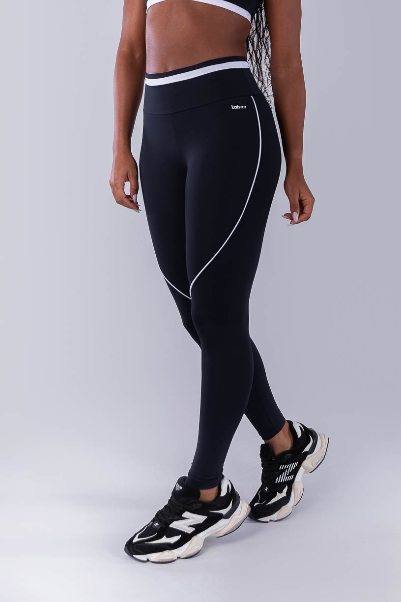Calça Legging com Faixa N Cós e Vivo (Preto / Branco) | Ref: K4490-A