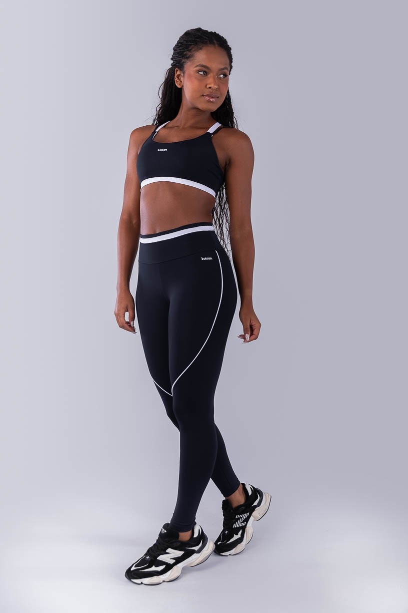 Calça Legging com Faixa N Cós e Vivo (Preto / Branco) | Ref: K4490-A