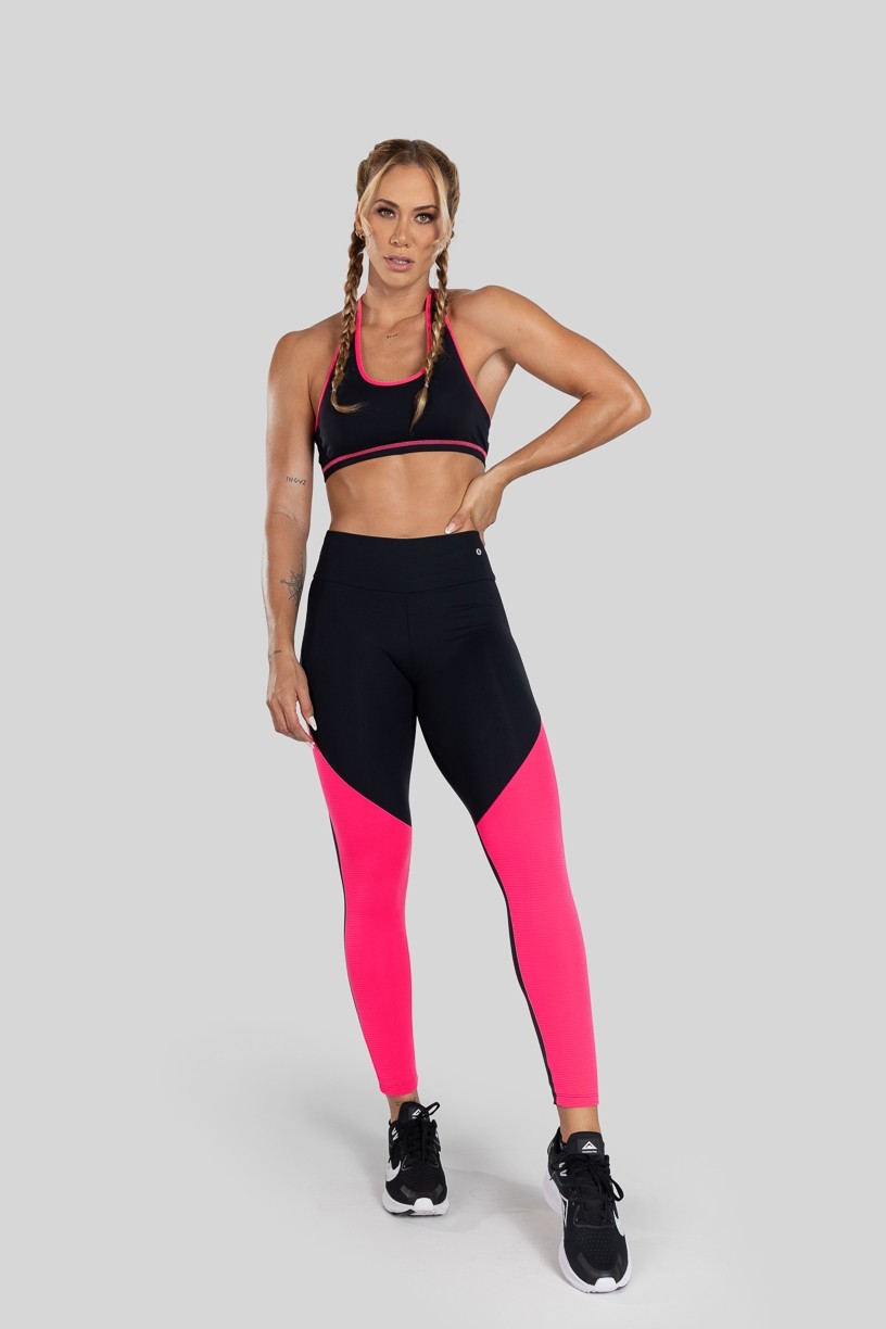 Calça Legging com Recorte Bicolor (Preto / Rosa) | Ref: K3128-B