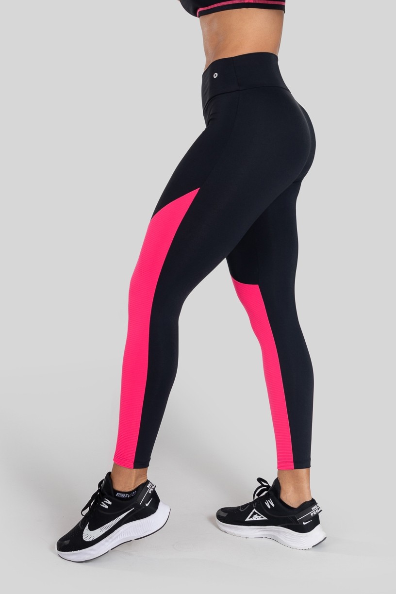 Calça Legging com Recorte Bicolor (Preto / Rosa) | Ref: K3128-B