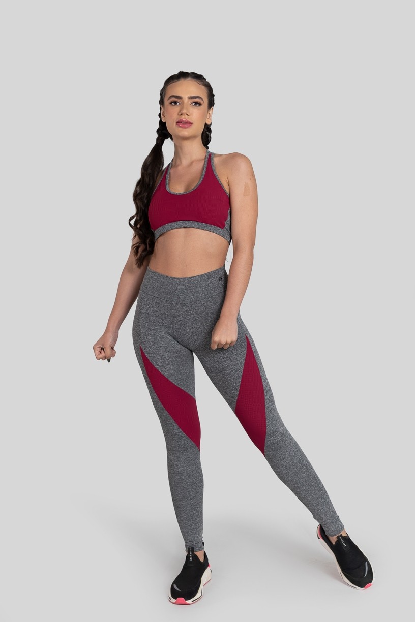 Calça Legging com Recorte (Cinza / Vinho) | Ref: K3153-C