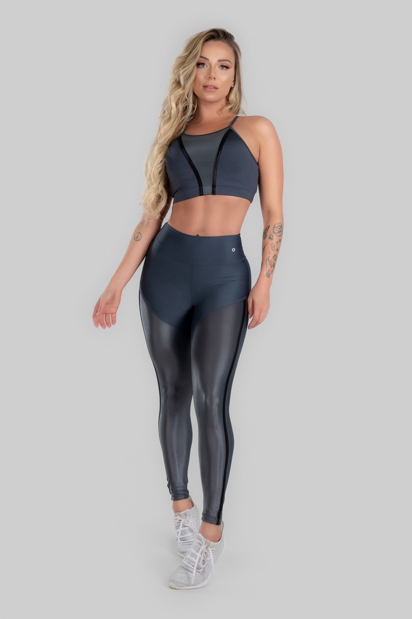 Calça Legging com Recorte Cirrê e Chapado (Chumbo / Preto) | Ref: K2952-B 