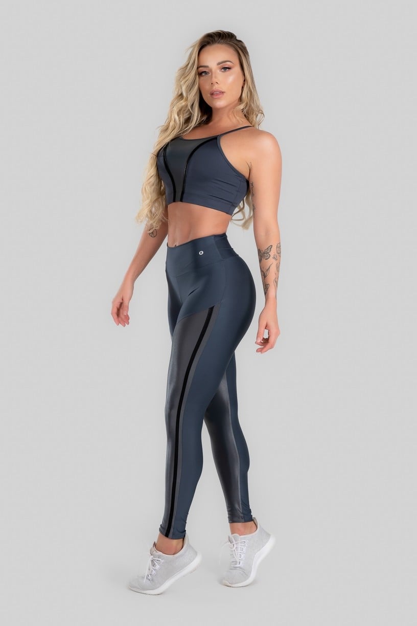 Calça Legging com Recorte Cirrê e Chapado (Chumbo / Preto) | Ref: K2952-B 