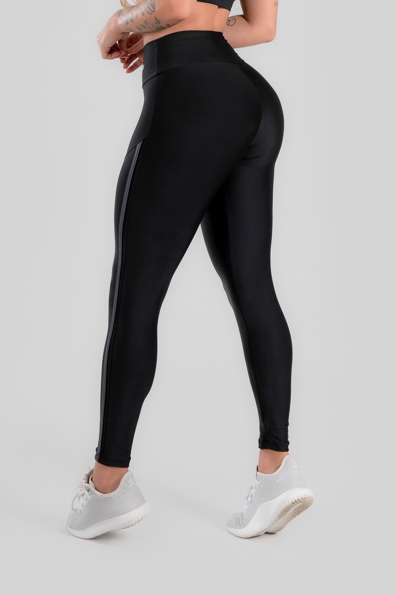 Calça Legging com Recorte Cirrê e Chapado (Preto / Cinza) | Ref: K2952-A