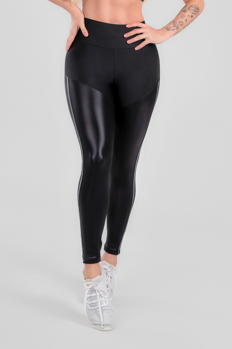 Calça Legging com Recorte Cirrê e Chapado (Preto / Cinza) | Ref: K2952-A