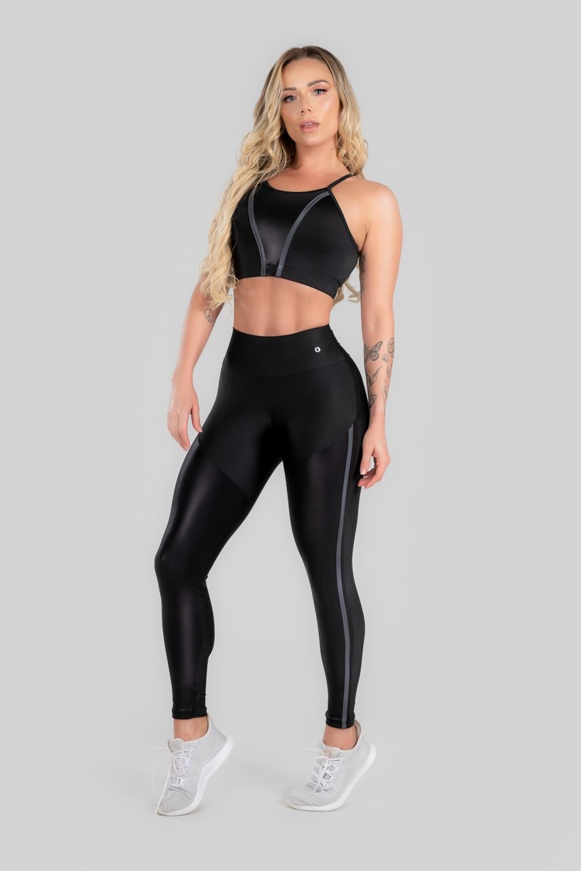 Calça Legging com Recorte Cirrê e Chapado (Preto / Cinza) | Ref: K2952-A