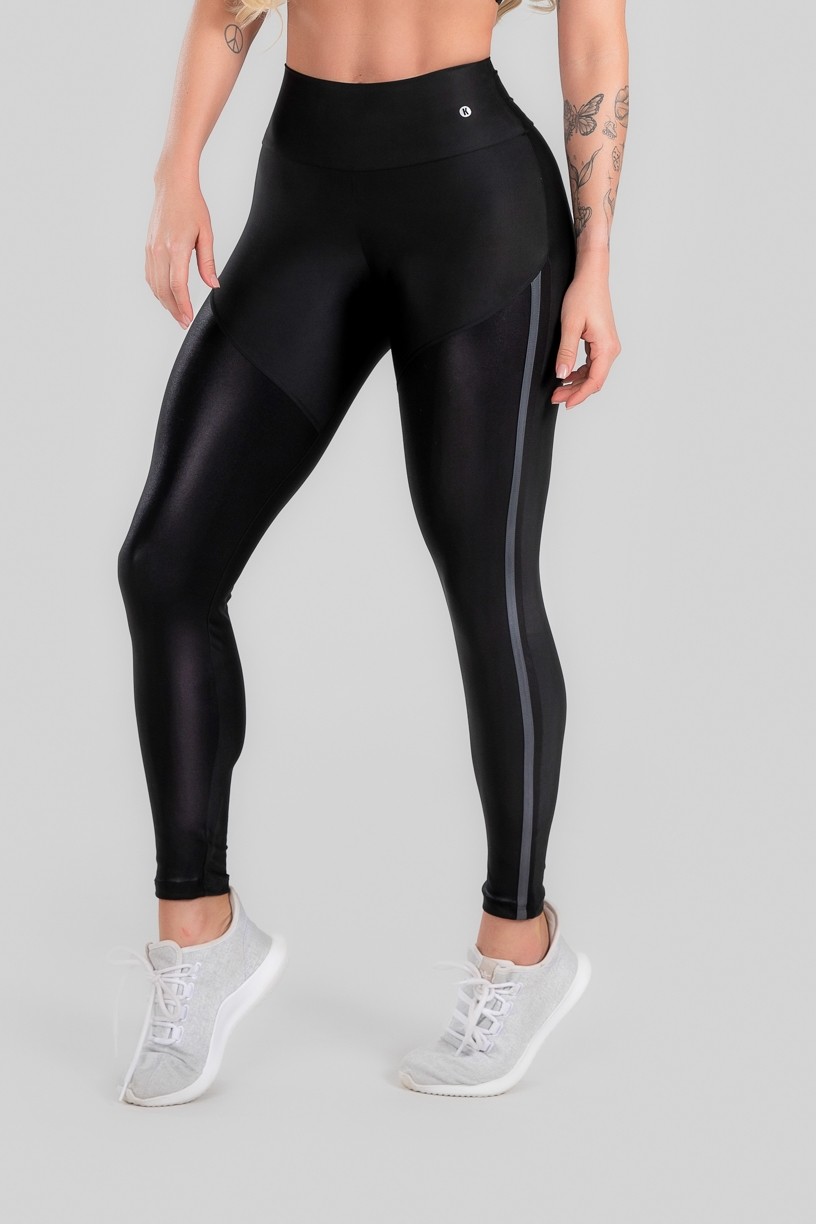 Calça Legging com Recorte Cirrê e Chapado (Preto / Cinza) | Ref: K2952-A