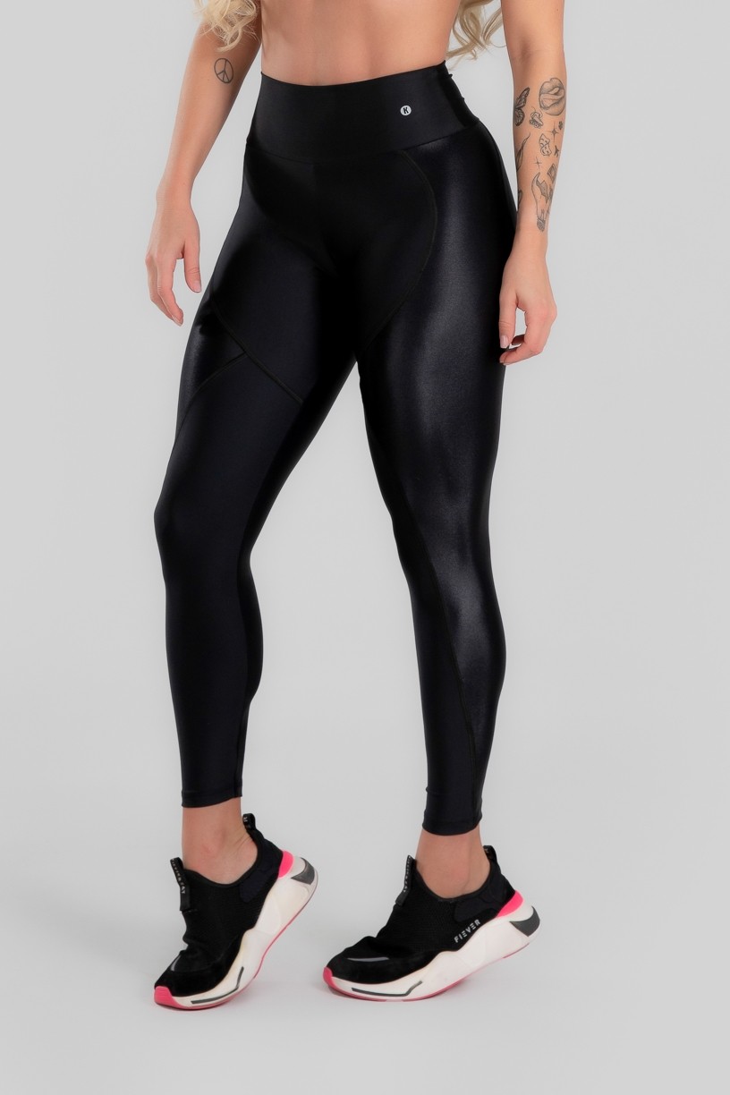 Calça Legging com Recorte de Cirrê Bumbum Up (Preto) | Ref: K2947-A