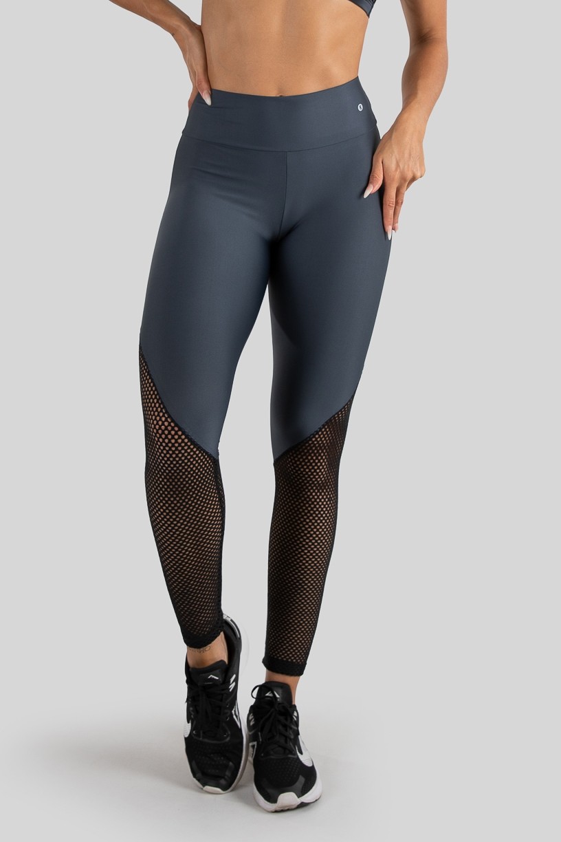 Calça Legging com Recorte de Tela (Chumbo  Preto)  Ref K3221-B