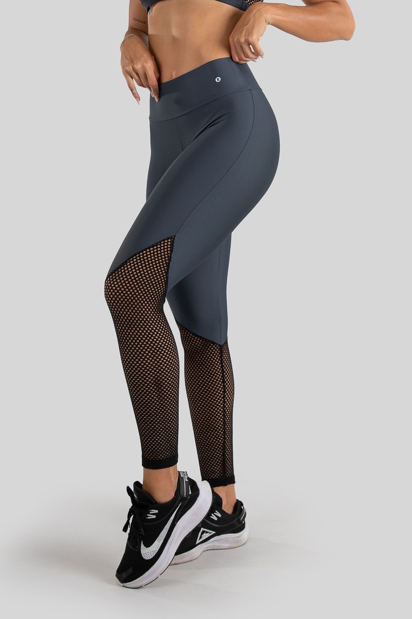 Calça Legging com Recorte de Tela (Chumbo  Preto)  Ref K3221-B