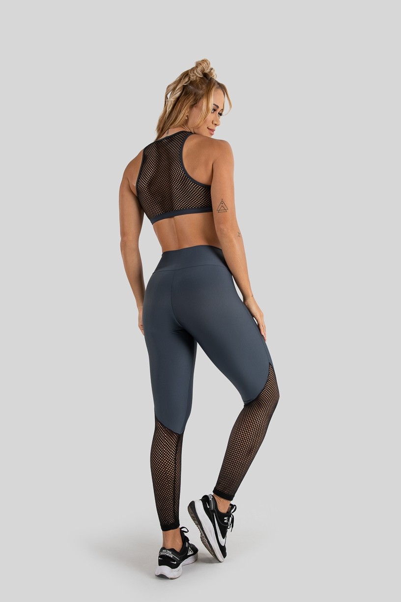 Calça Legging com Recorte de Tela (Chumbo  Preto)  Ref K3221-B