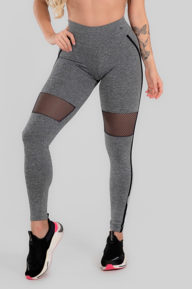 Calça Legging com Recorte de Tela e Chapado (Mescla / Preto) | Ref: K2971-A