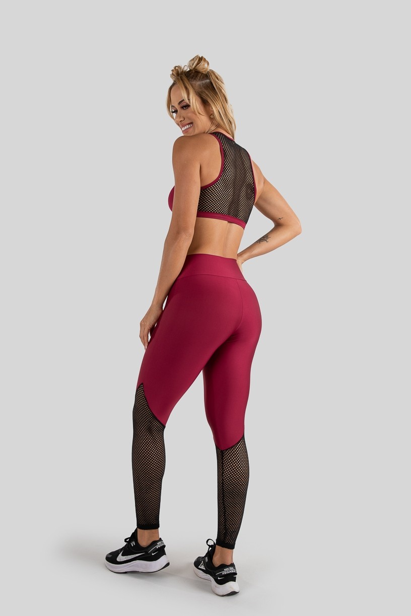 Calça Legging com Recorte de Tela (Vinho  Preto)  Ref K3221-C