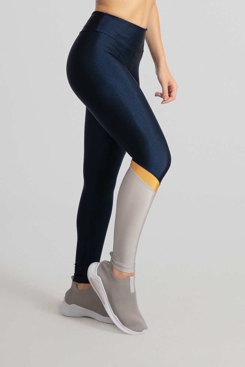 Calça Legging com Recorte Diagonal em uma Perna (Azul Marinho / Prata / Ouro) | Ref: GO474-C