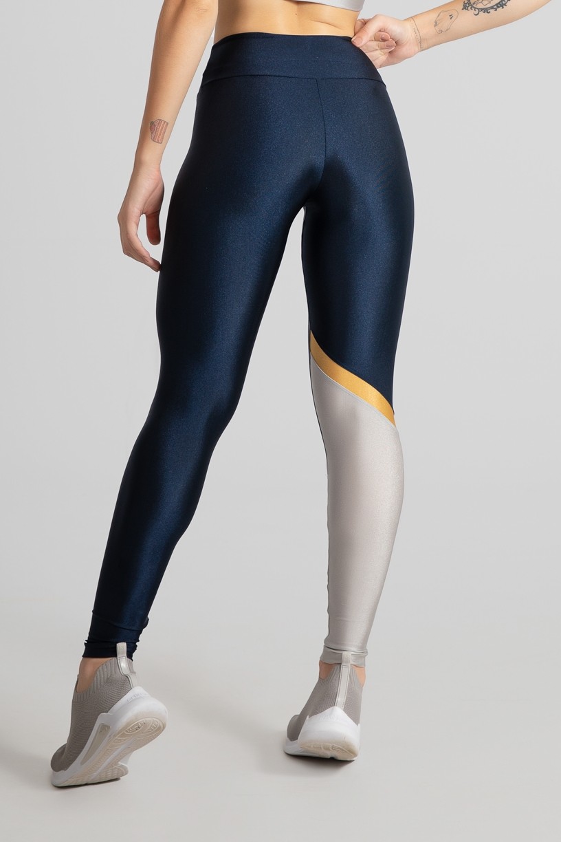 Calça Legging com Recorte Diagonal em uma Perna (Azul Marinho / Prata / Ouro) | Ref: GO474-C