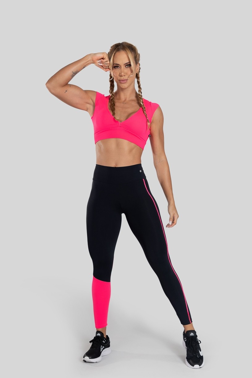 Calça Legging com Recorte Diagonal (Preto / Rosa) | Ref: K3125-B 