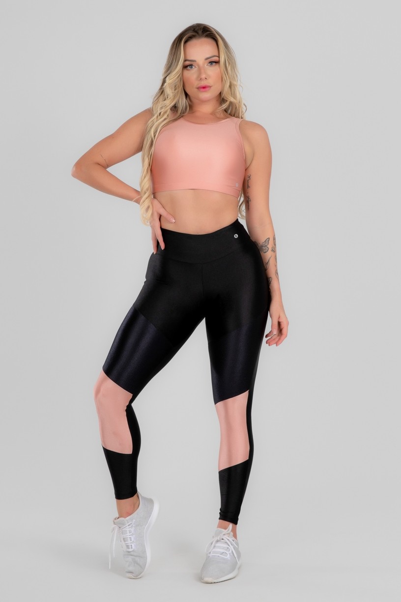 Calça Legging com Recorte Duplo Frontal (Preto / Rosa Claro) | Ref: K2963-B