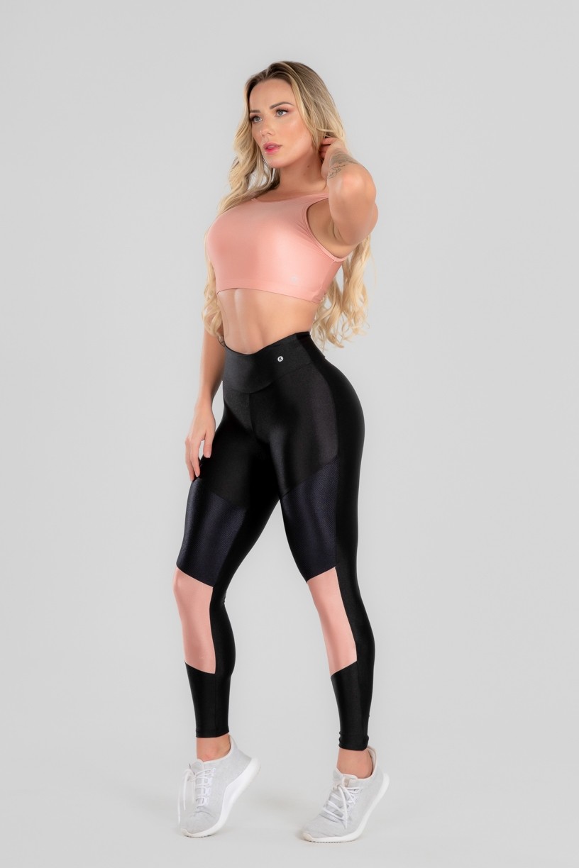 Calça Legging com Recorte Duplo Frontal (Preto / Rosa Claro) | Ref: K2963-B