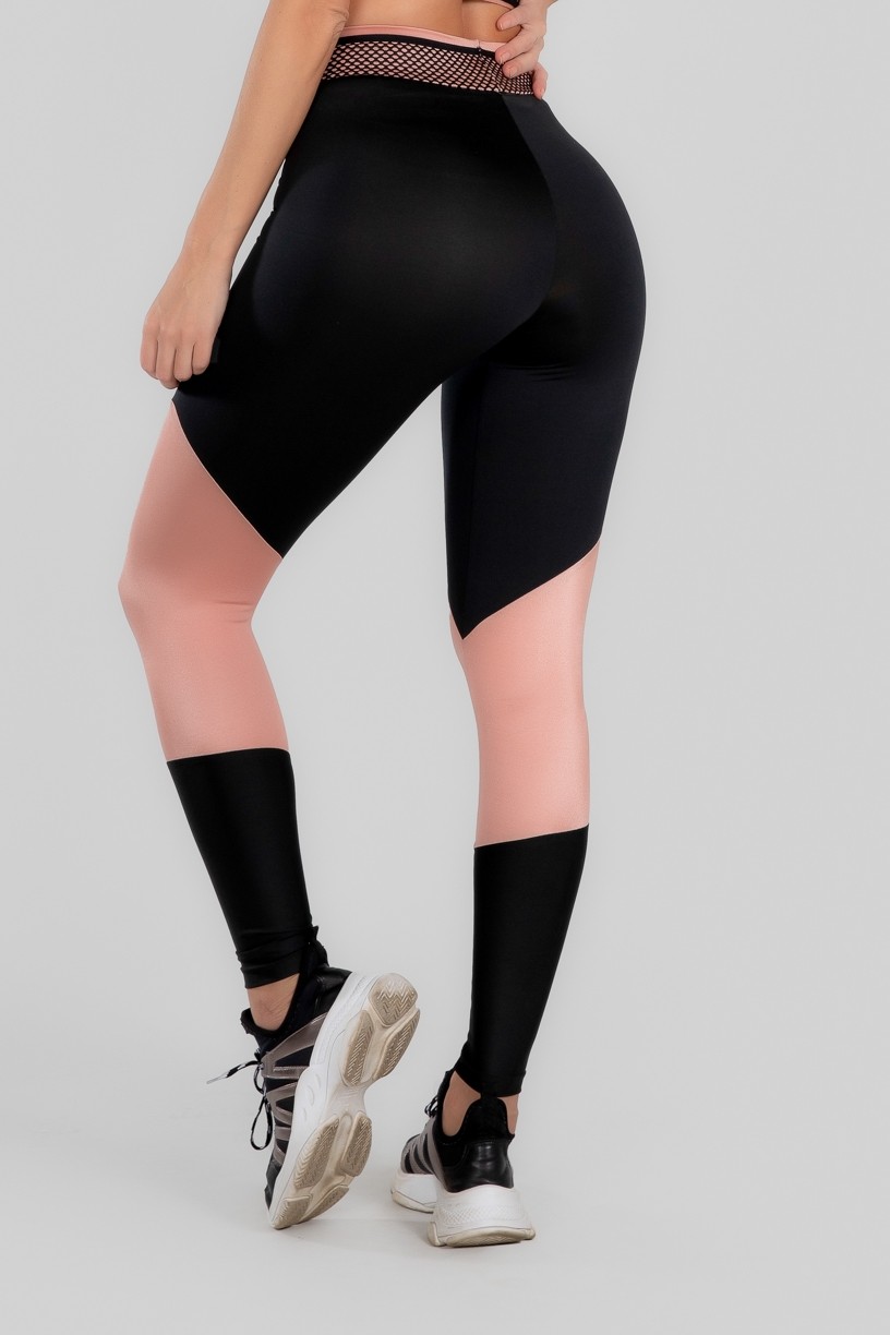 Calça Legging com Recorte e Cós com Elástico (Preto / Rosa Claro) | Ref: K2969-B