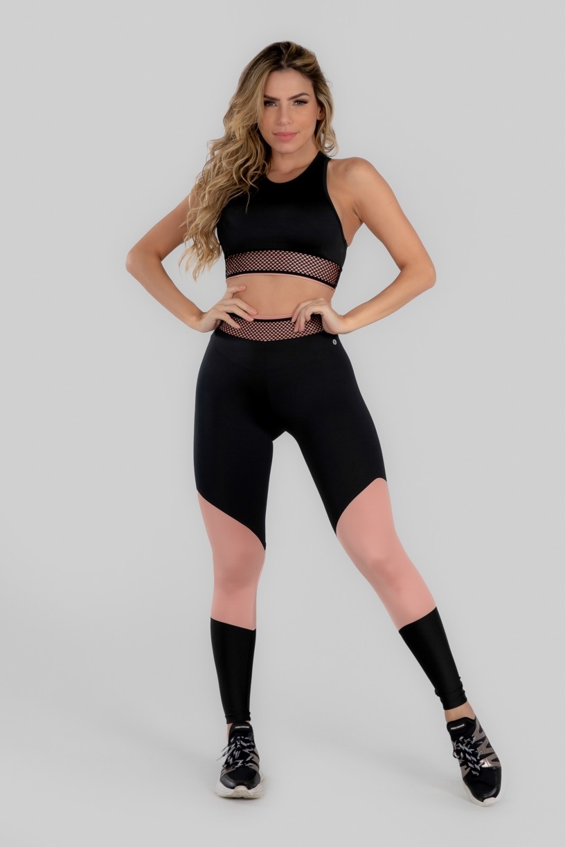 Calça Legging com Recorte e Cós com Elástico (Preto / Rosa Claro) | Ref: K2969-B