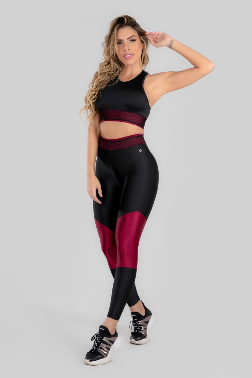 Calça Legging com Recorte e Cós com Elástico (Preto / Vinho) | Ref: K2969-A