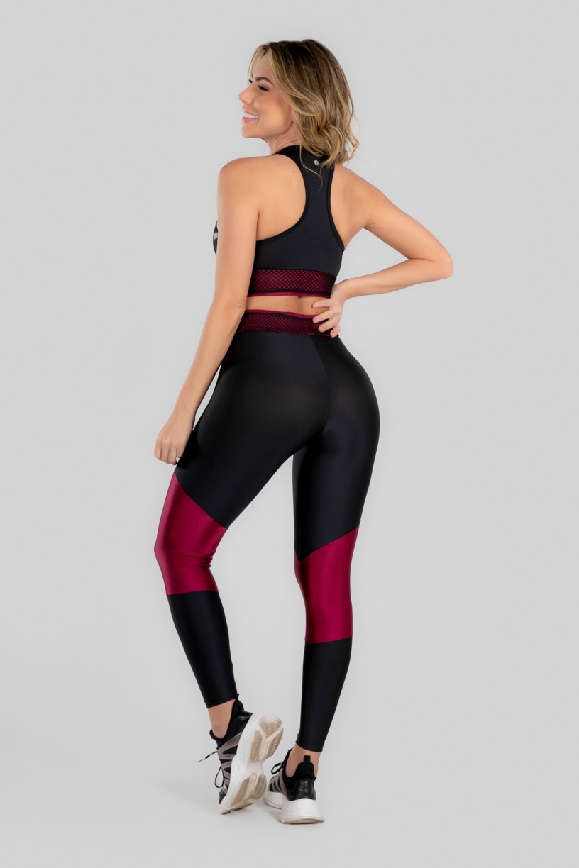 Calça Legging com Recorte e Cós com Elástico (Preto / Vinho) | Ref: K2969-A