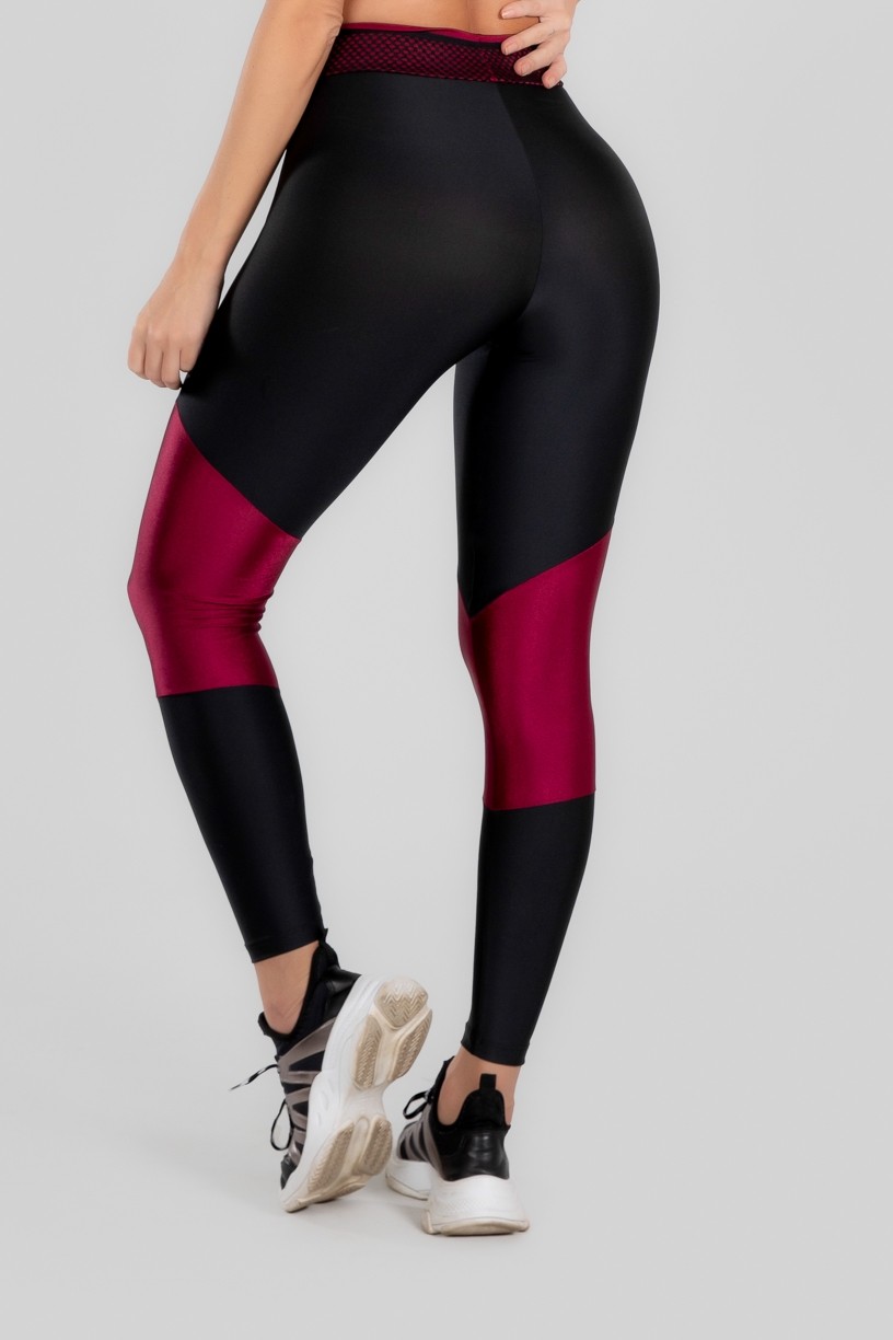 Calça Legging com Recorte e Cós com Elástico (Preto / Vinho) | Ref: K2969-A