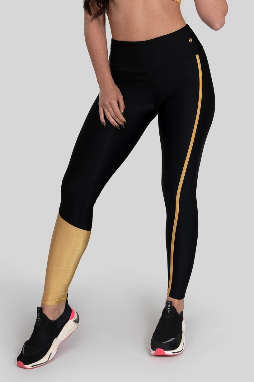 Calça Legging com Recorte e Chapado (Preto / Ouro) | Ref: K3145-B