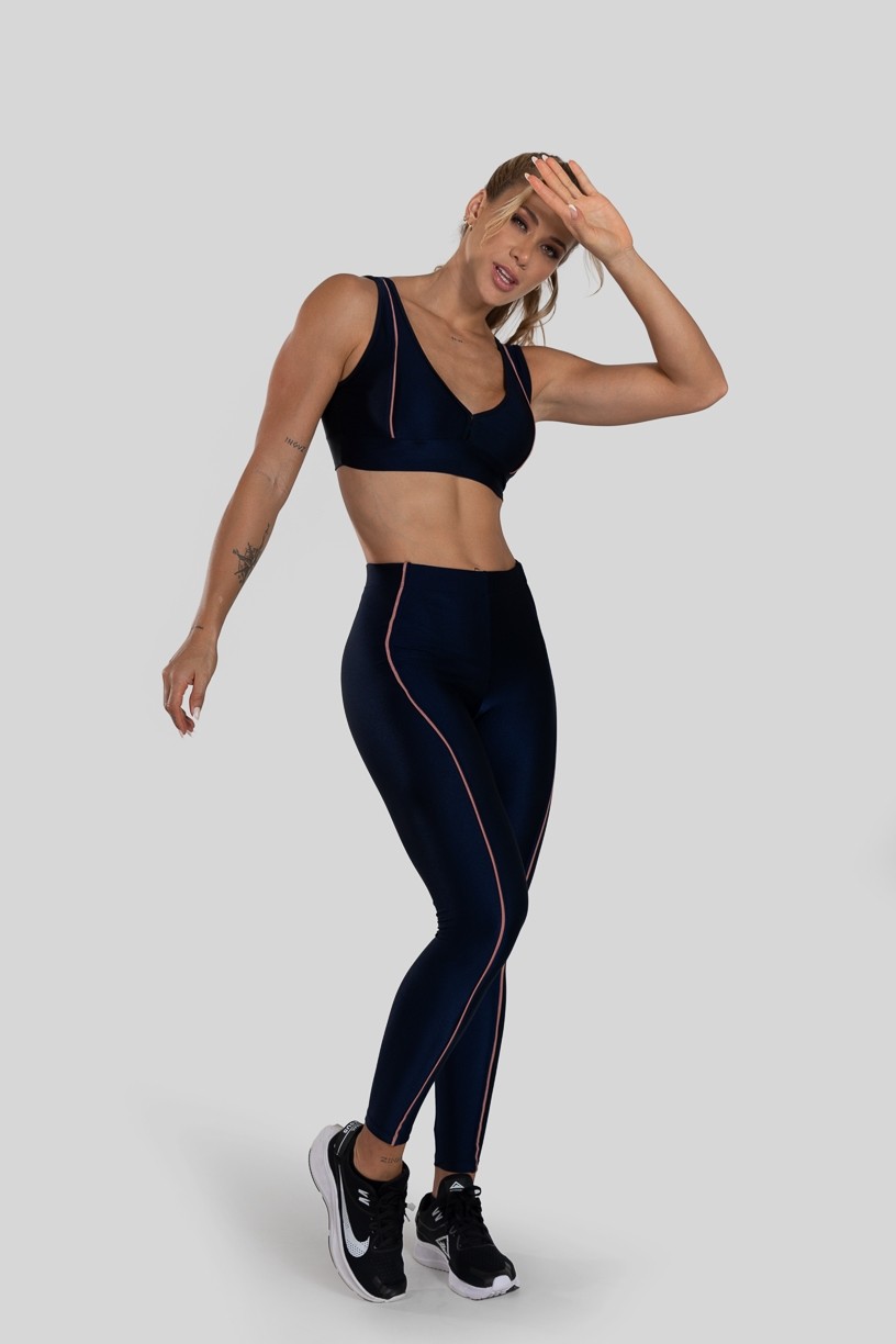 Calça Legging com Recorte e Vivo (Azul Marinho / Rosê) | Ref: K3150-C